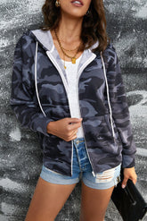 Camouflage Drawstring Detail Zip Up Hooded Jacket - Shah S. Sahota